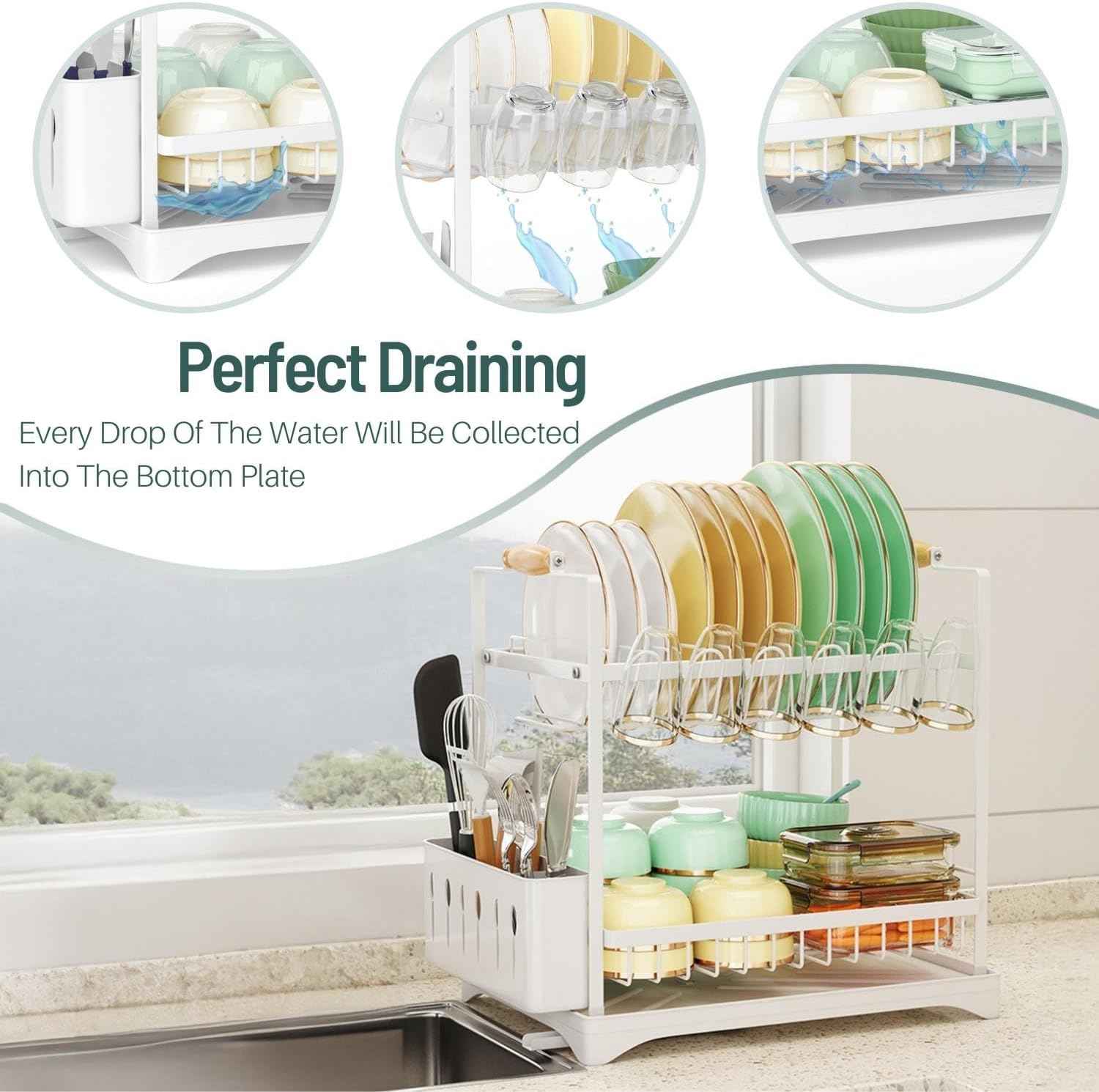 CARLA HOME 2-Tier Large Dish Drying Rack with Drainboard, Utensil Holder, Glass Hooks & Cutlery Storage (White)