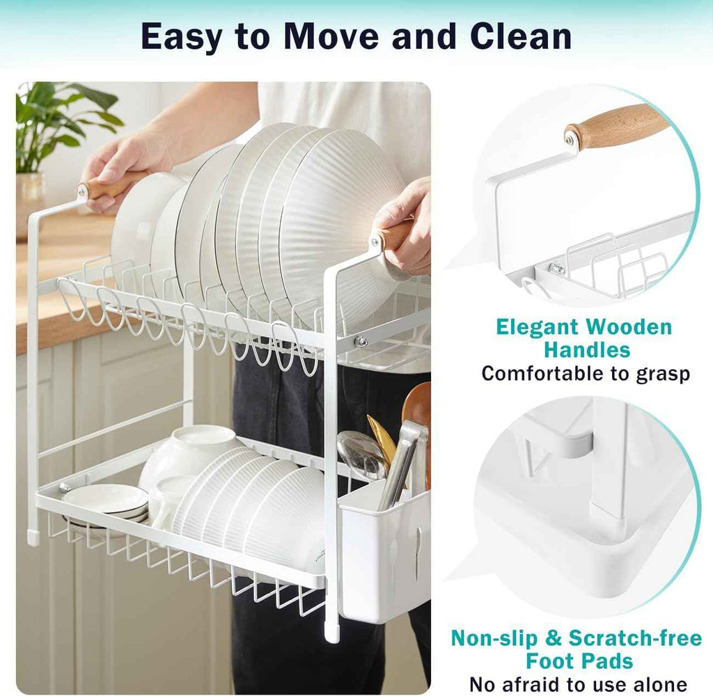 CARLA HOME 2-Tier Large Dish Drying Rack with Drainboard, Utensil Holder, Glass Hooks & Cutlery Storage (White)