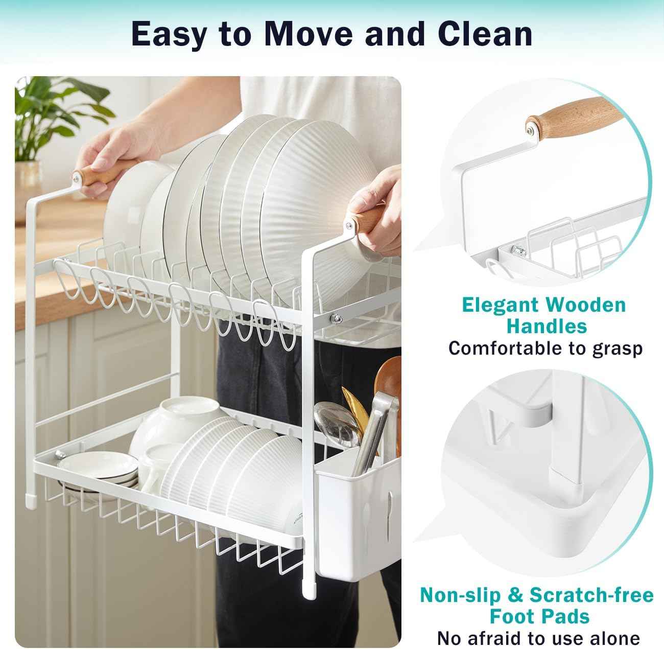 CARLA HOME 2-Tier Large Dish Drying Rack with Drainboard, Utensil Holder, Glass Hooks & Cutlery Storage (White)