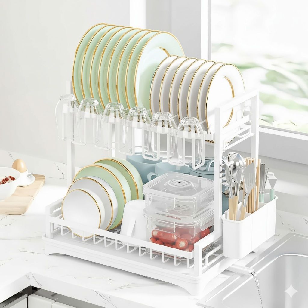 CARLA HOME Dish Drying Rack 2-Tier Kitchen Drainer with Drainboard (White)