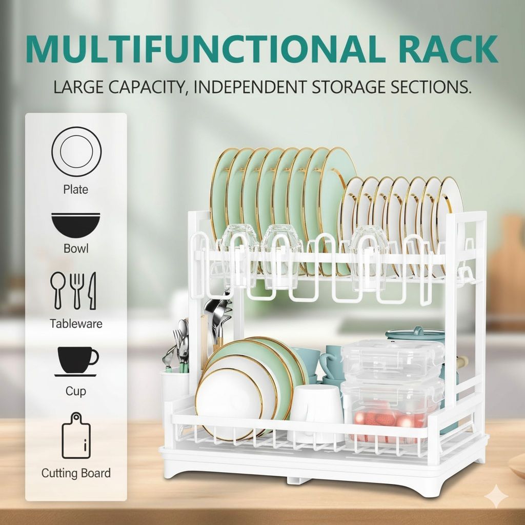 CARLA HOME Dish Drying Rack 2-Tier Kitchen Drainer with Drainboard (White)