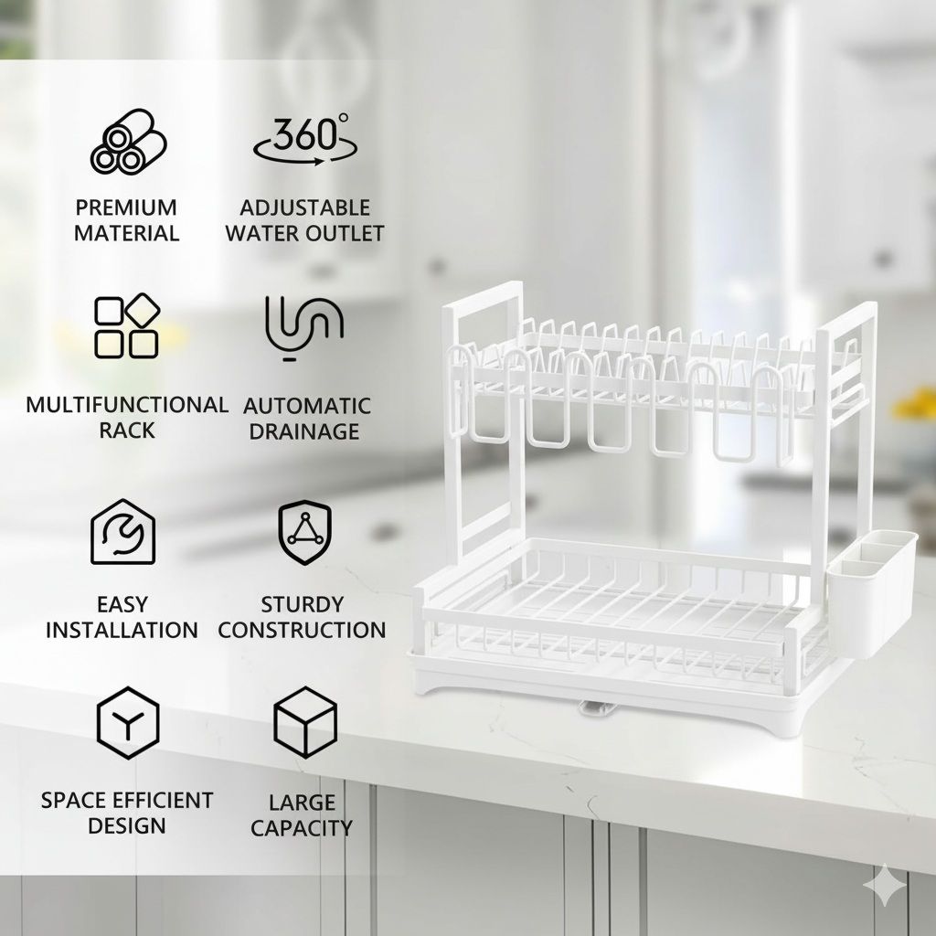 CARLA HOME Dish Drying Rack 2-Tier Kitchen Drainer with Drainboard (White)