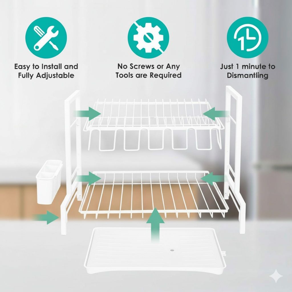 CARLA HOME Dish Drying Rack 2-Tier Kitchen Drainer with Drainboard (White)