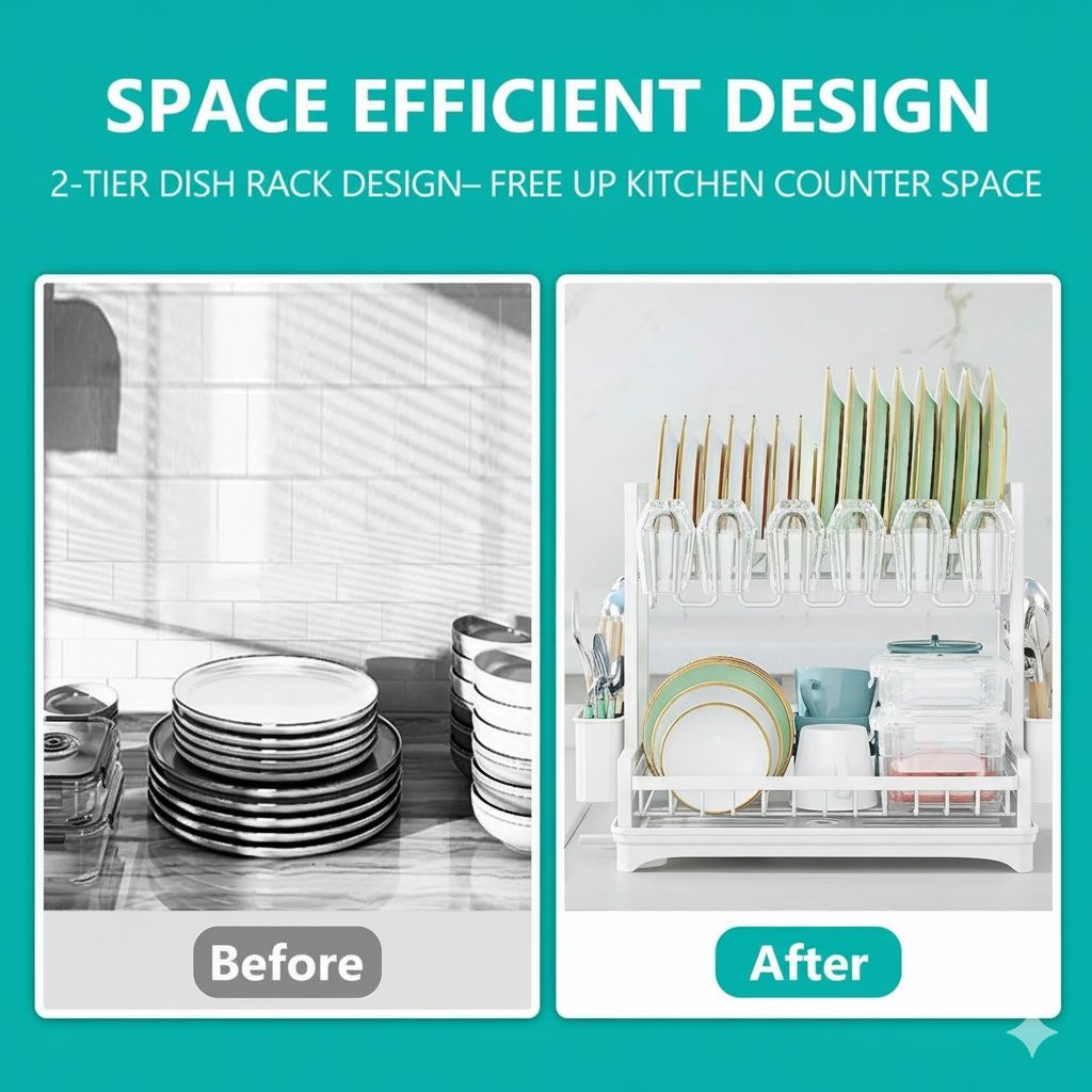 CARLA HOME Dish Drying Rack 2-Tier Kitchen Drainer with Drainboard (White)