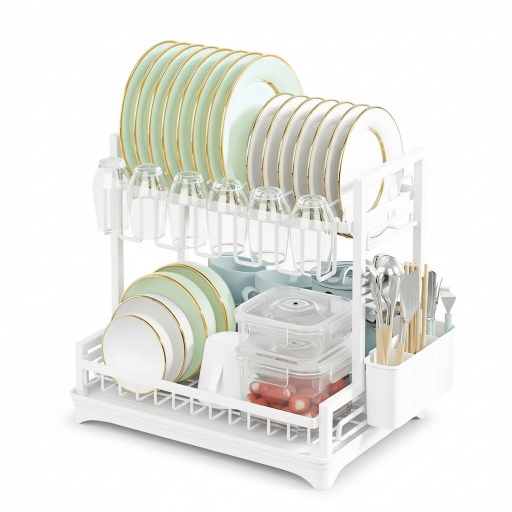 CARLA HOME Dish Drying Rack 2-Tier Kitchen Drainer with Drainboard (White)