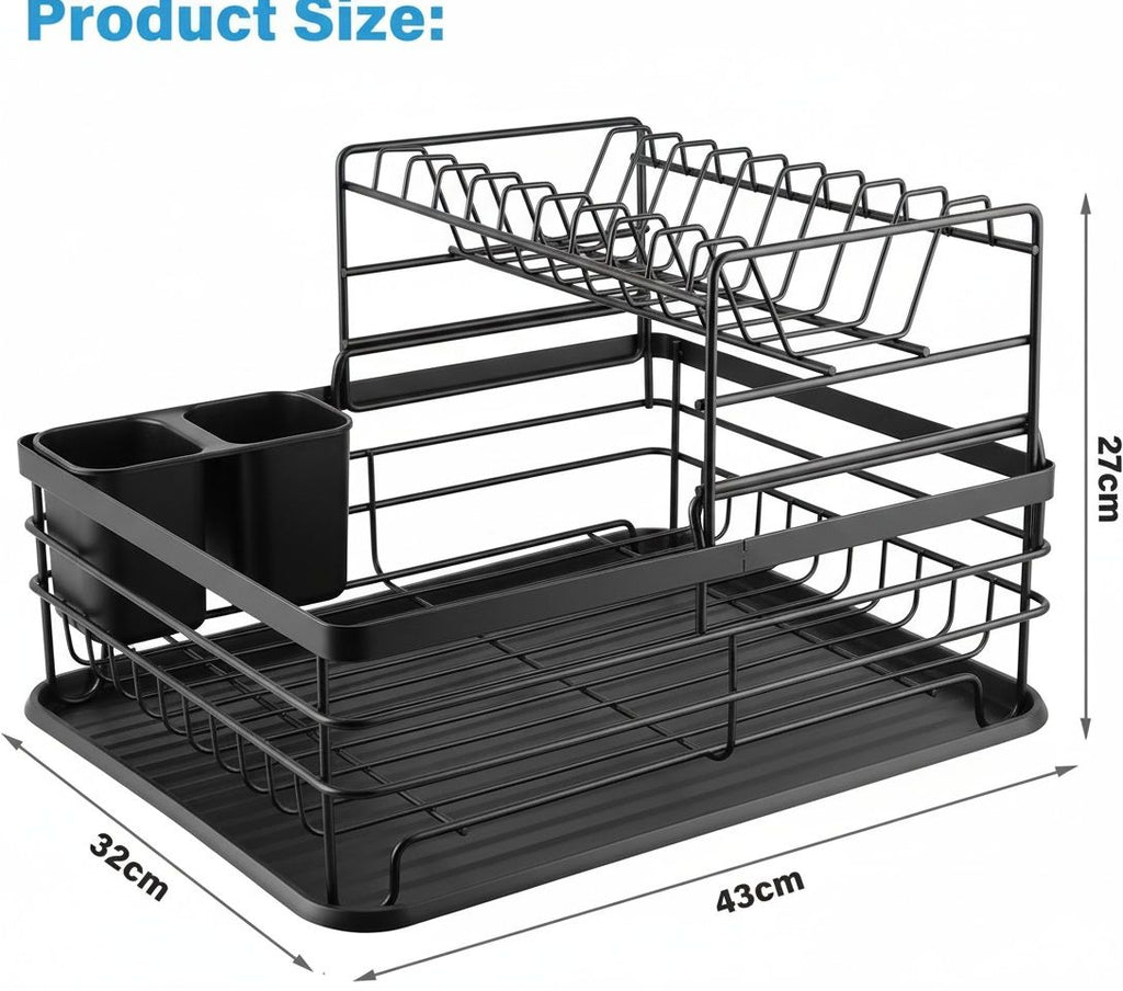 CARLA HOME 2-Tier Dish Drying Rack for Kitchen Counter with Removable Drip Tray, Utensil Holder and Cutlery Organizer (Black)