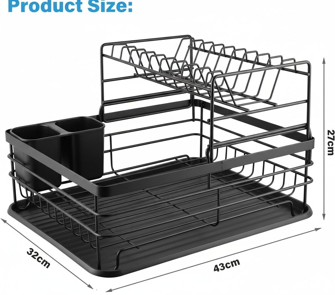 CARLA HOME 2-Tier Dish Drying Rack for Kitchen Counter with Removable Drip Tray, Utensil Holder and Cutlery Organizer (Black)
