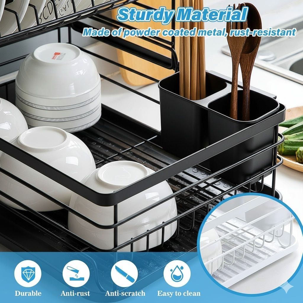 CARLA HOME 2-Tier Dish Drying Rack for Kitchen Counter with Removable Drip Tray, Utensil Holder and Cutlery Organizer (Black)