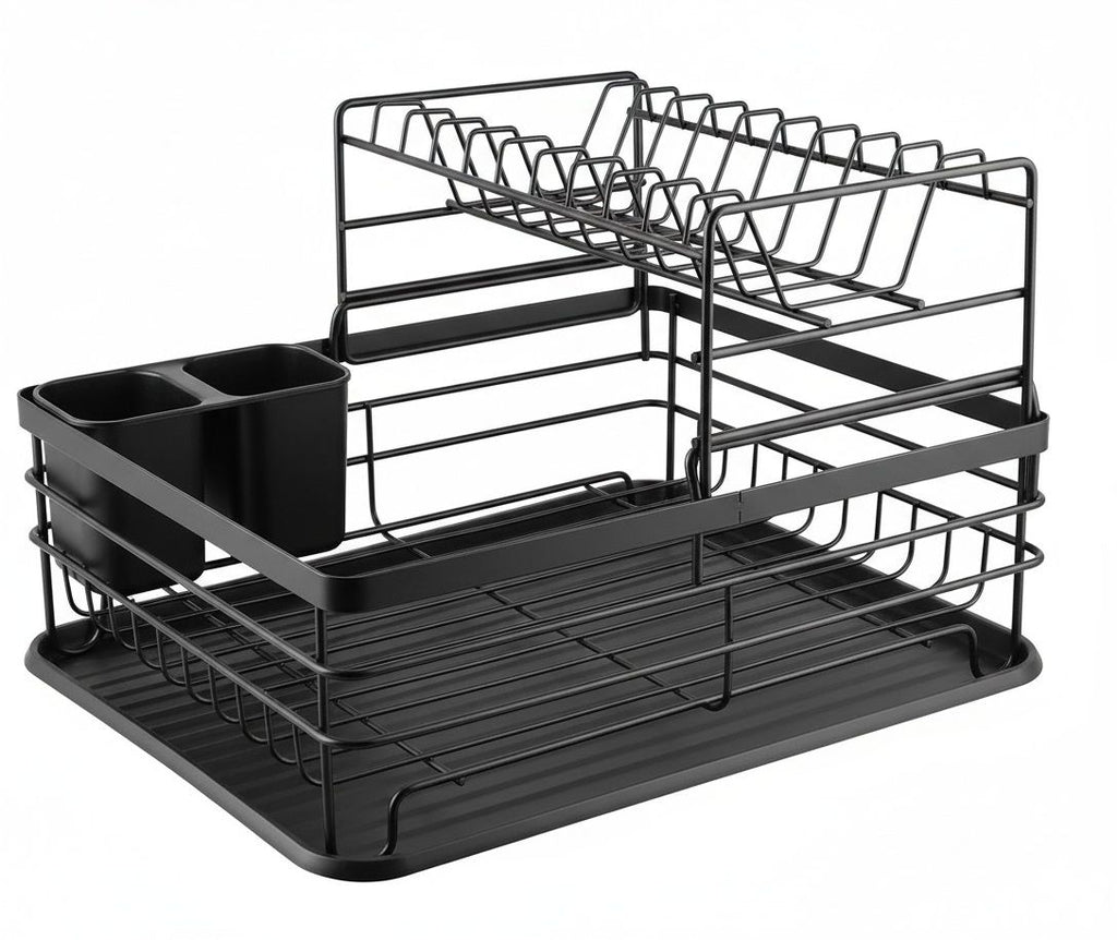 CARLA HOME 2-Tier Dish Drying Rack for Kitchen Counter with Removable Drip Tray, Utensil Holder and Cutlery Organizer (Black)