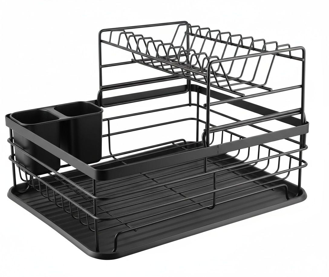 CARLA HOME 2-Tier Dish Drying Rack for Kitchen Counter with Removable Drip Tray, Utensil Holder and Cutlery Organizer (Black)