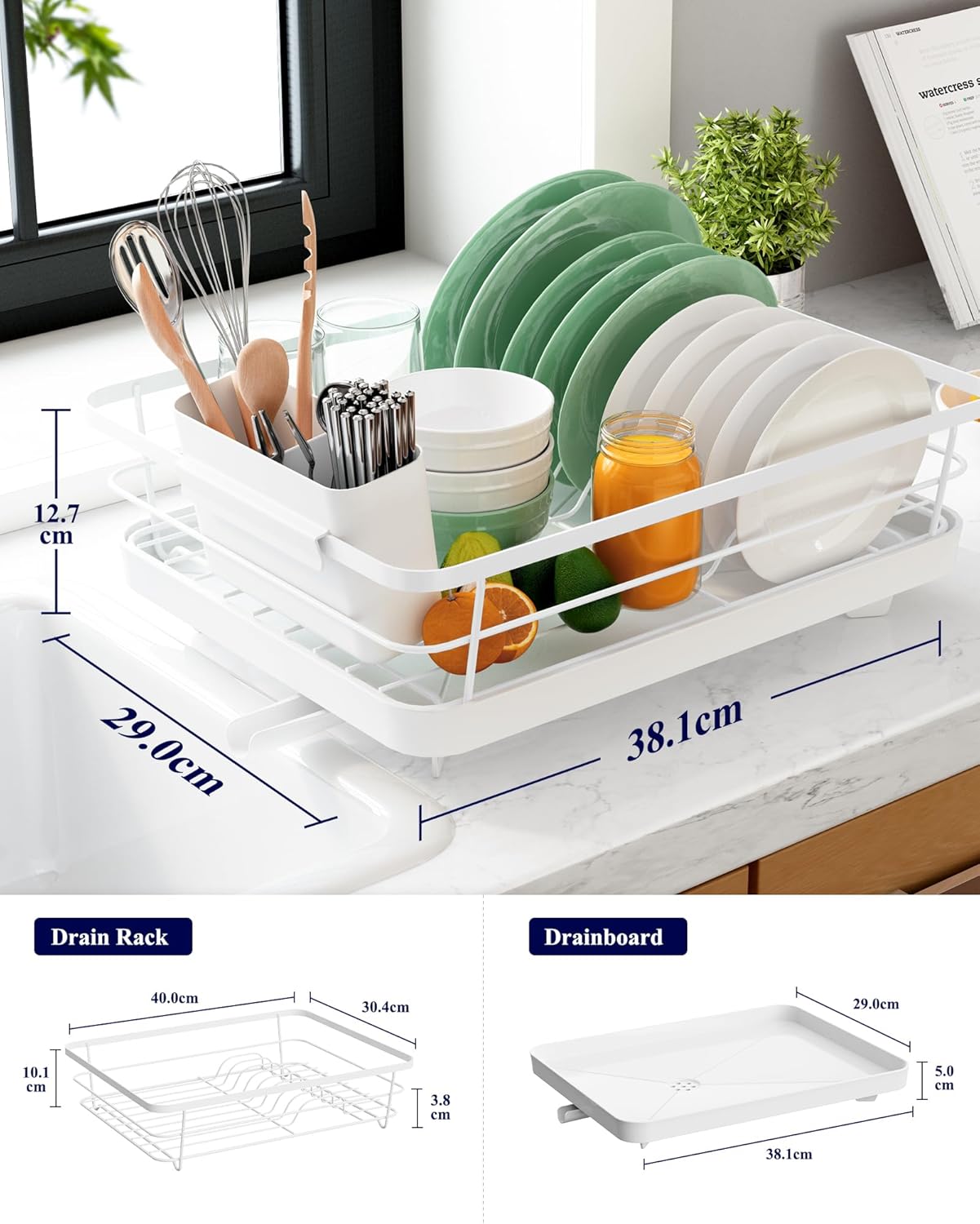 CARLA HOME Dish Drying Rack for Kitchen Counter with Removable Drip Tray, Utensil Holder and Cutlery Organizer