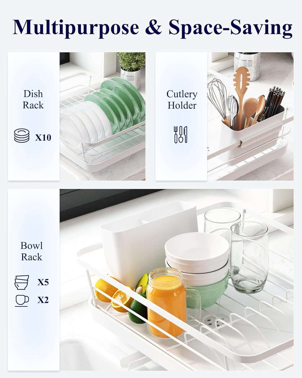 CARLA HOME Dish Drying Rack for Kitchen Counter with Removable Drip Tray, Utensil Holder and Cutlery Organizer