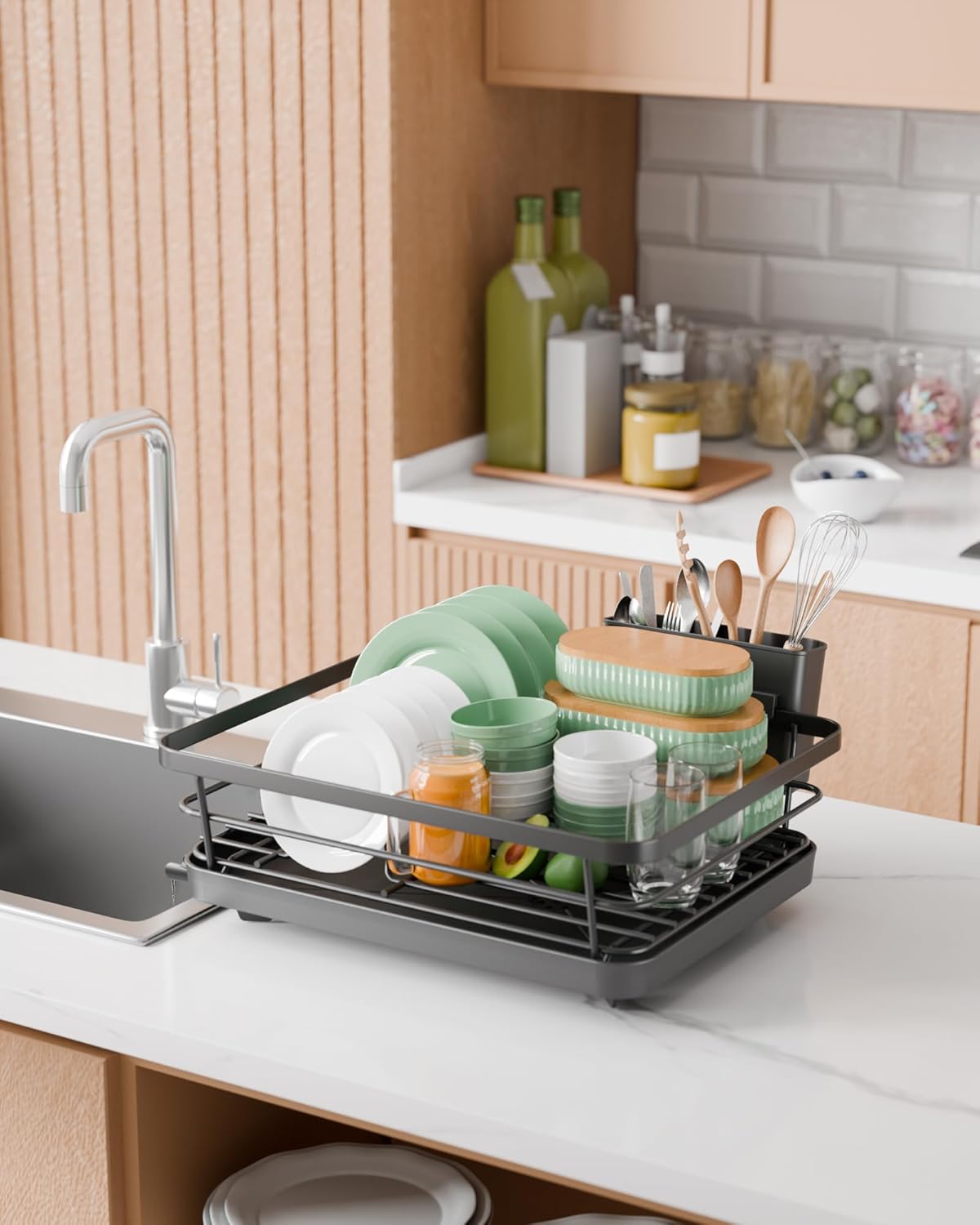CARLA HOME Dish Drying Rack for Kitchen Counter with Removable Drip Tray, Utensil Holder and Cutlery Organizer