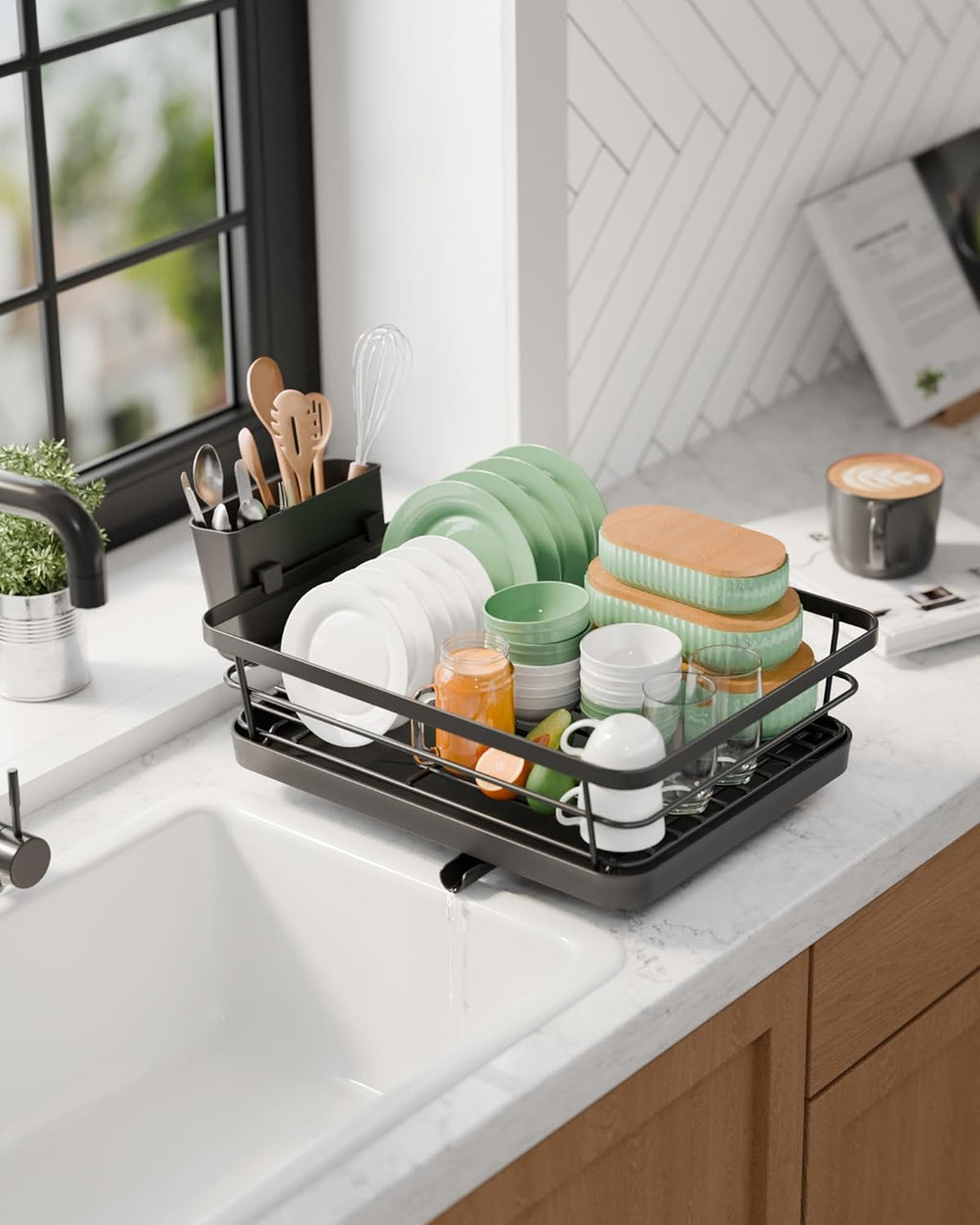 CARLA HOME Dish Drying Rack for Kitchen Counter with Removable Drip Tray, Utensil Holder and Cutlery Organizer