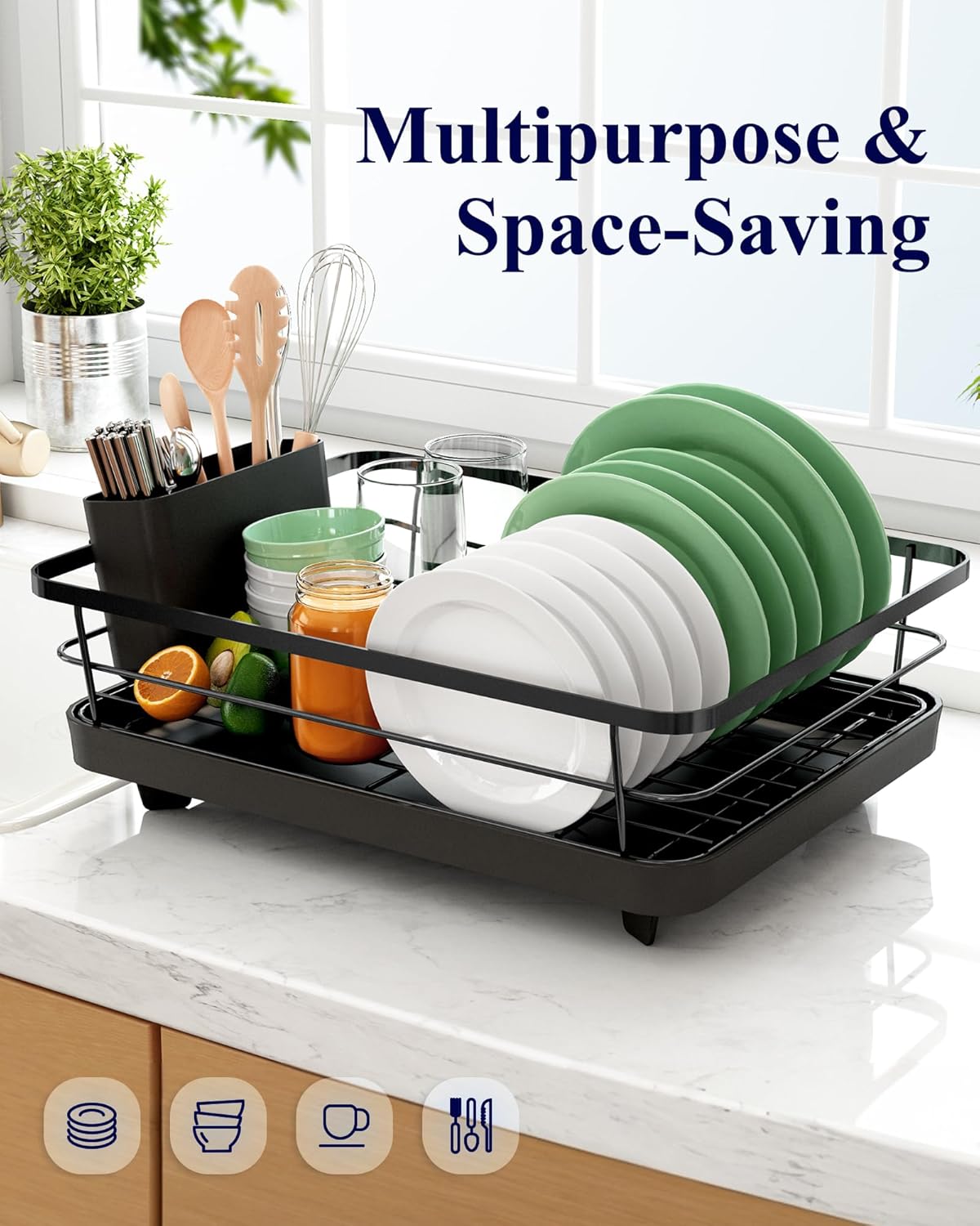 CARLA HOME Dish Drying Rack for Kitchen Counter with Removable Drip Tray, Utensil Holder and Cutlery Organizer