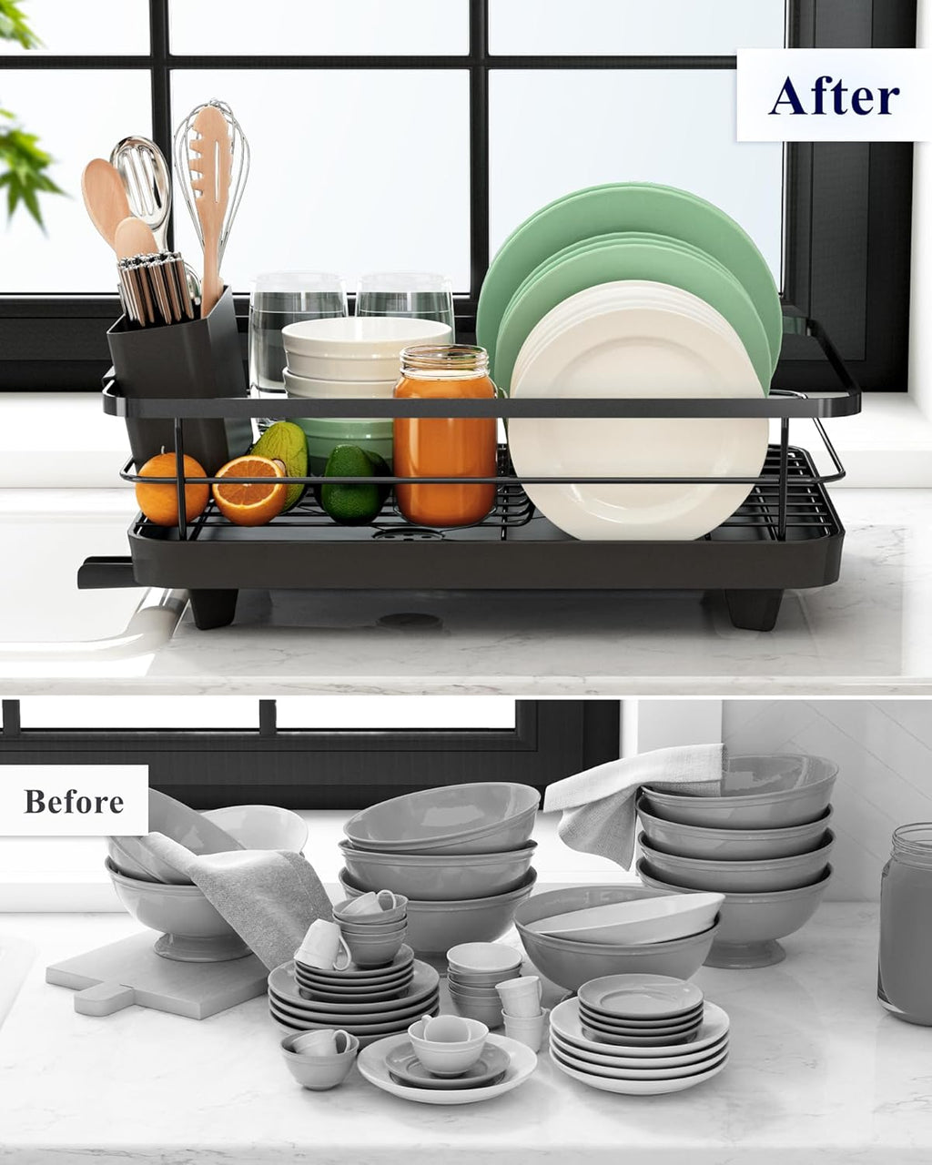 CARLA HOME Dish Drying Rack for Kitchen Counter with Removable Drip Tray, Utensil Holder and Cutlery Organizer
