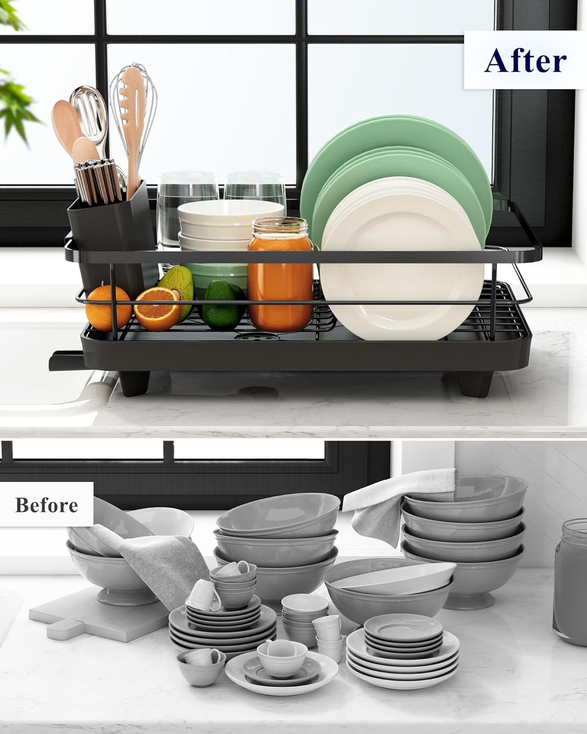 CARLA HOME Dish Drying Rack for Kitchen Counter with Removable Drip Tray, Utensil Holder and Cutlery Organizer