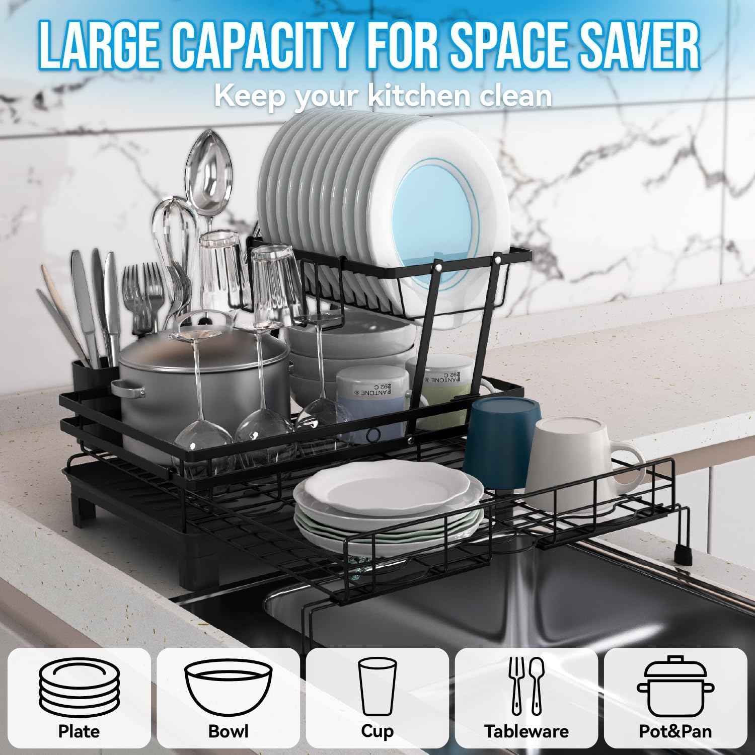 CARLA HOME Expandable Dish Drying Rack with Drainage Spout, Utensil Holder & Drainboardfor Kitchen Countertop Organizer (2 tier)