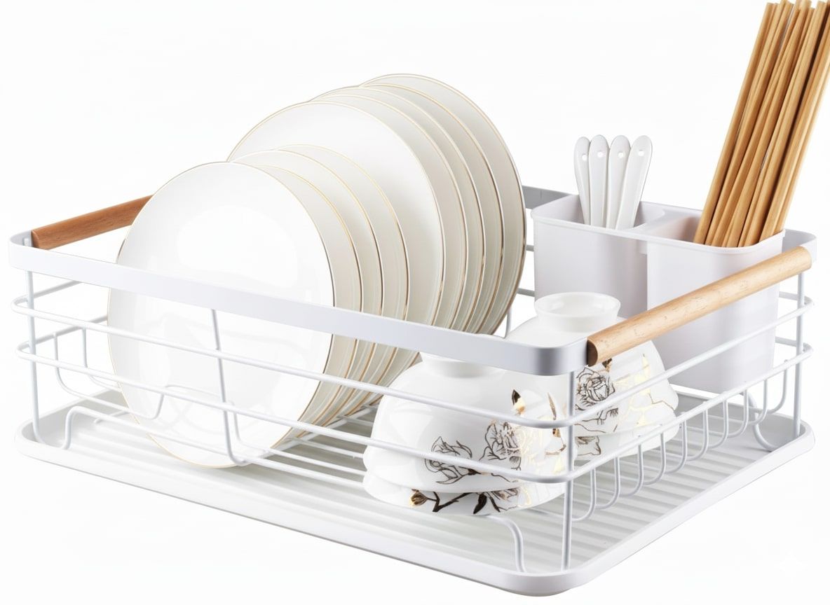 CARLA HOME Dish Drying Rack with Wooden Handles, Removable Cutlery Holder & Drainboard for Kitchen Countertop