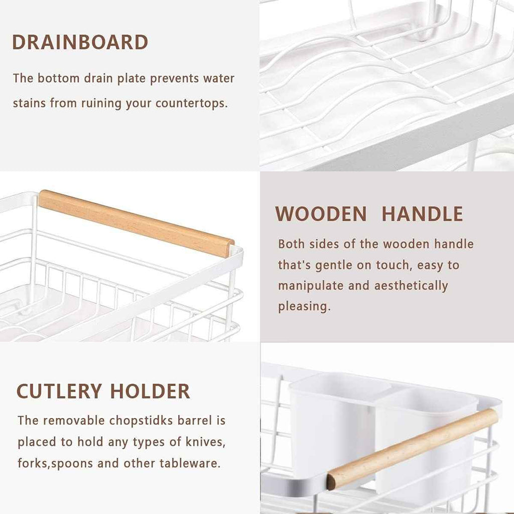 CARLA HOME Dish Drying Rack with Wooden Handles, Removable Cutlery Holder & Drainboard for Kitchen Countertop