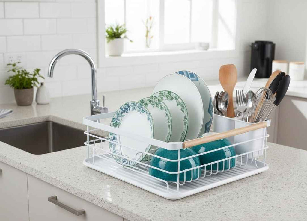 CARLA HOME Dish Drying Rack with Wooden Handles, Removable Cutlery Holder & Drainboard for Kitchen Countertop