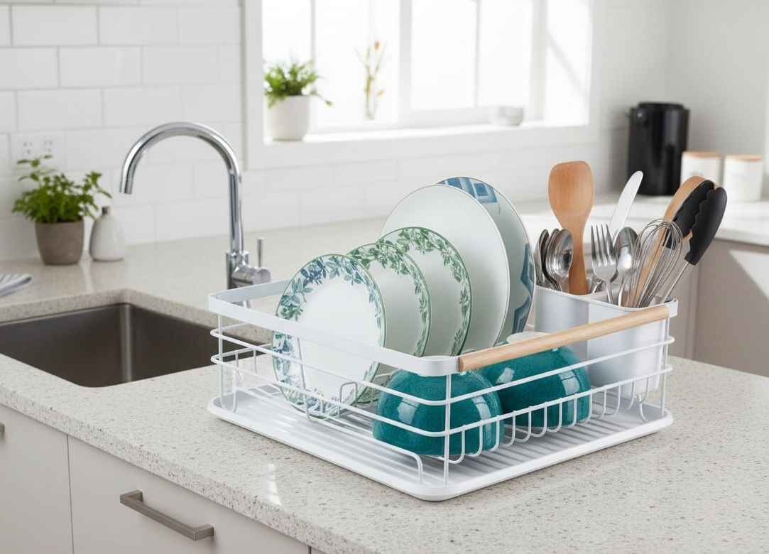 CARLA HOME Dish Drying Rack with Wooden Handles, Removable Cutlery Holder & Drainboard for Kitchen Countertop