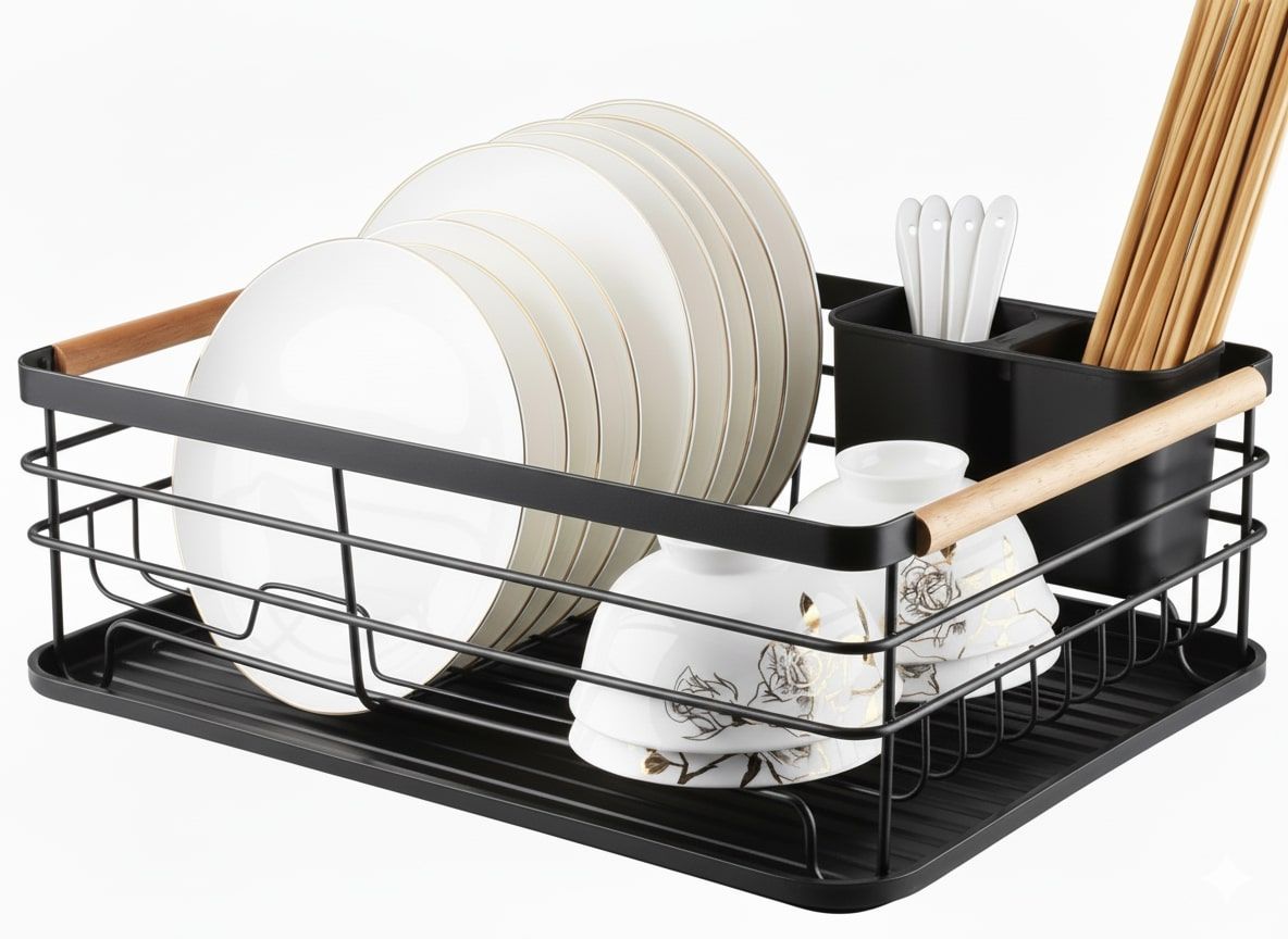 CARLA HOME Dish Drying Rack with Wooden Handles, Removable Cutlery Holder & Drainboard for Kitchen Countertop