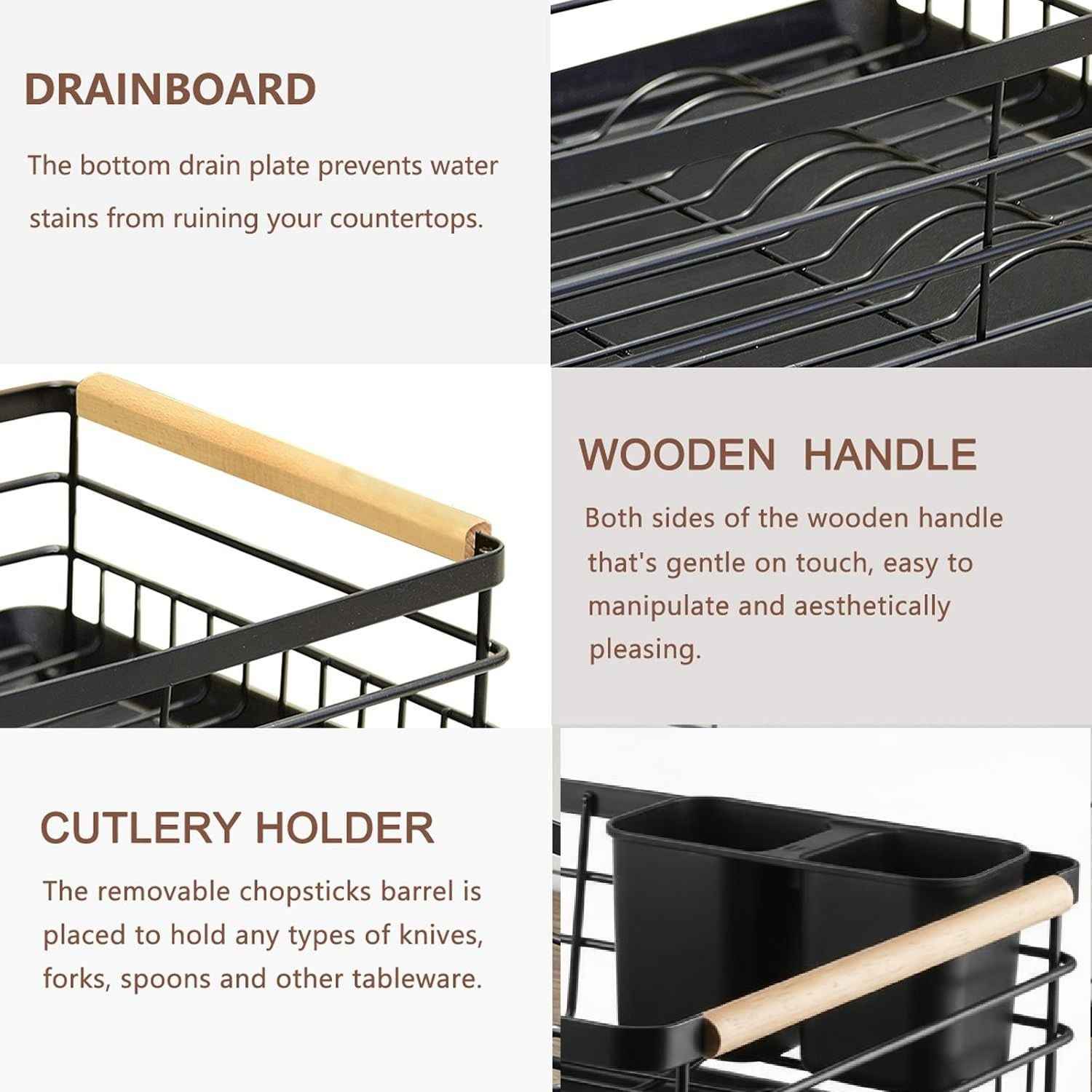 CARLA HOME Dish Drying Rack with Wooden Handles, Removable Cutlery Holder & Drainboard for Kitchen Countertop