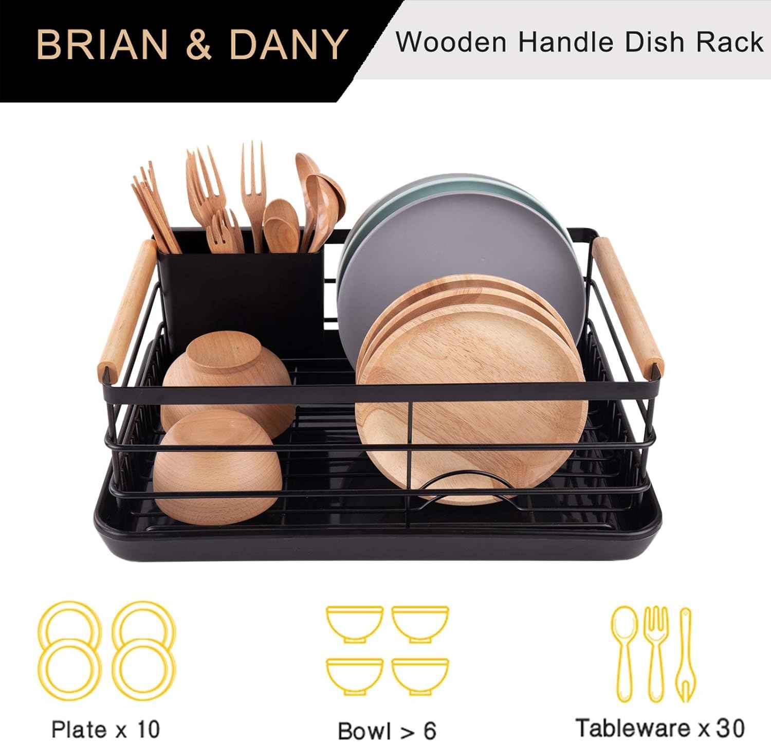 CARLA HOME Dish Drying Rack with Wooden Handles, Removable Cutlery Holder & Drainboard for Kitchen Countertop