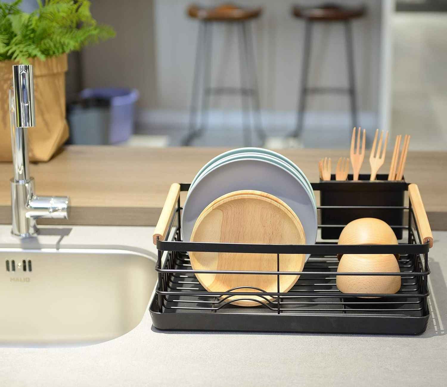 CARLA HOME Dish Drying Rack with Wooden Handles, Removable Cutlery Holder & Drainboard for Kitchen Countertop