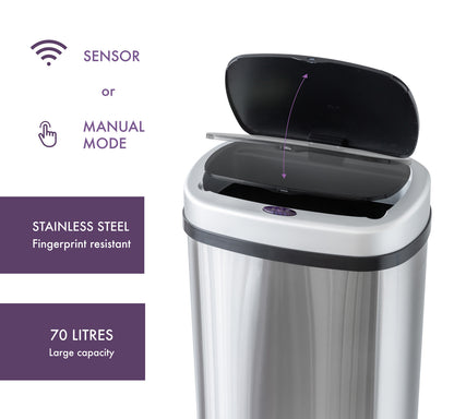 70L Stainless Steel Motion Sensor Rubbish Bin