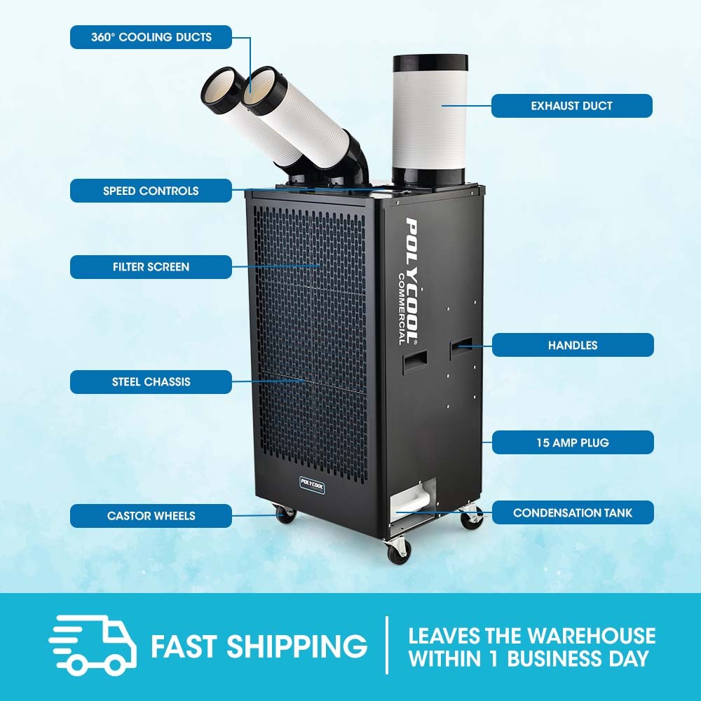 POLYCOOL 4.5kW Portable Industrial Spot Cooler, with Twin Cooling Ducts, 15A Plug - YDS.com.au