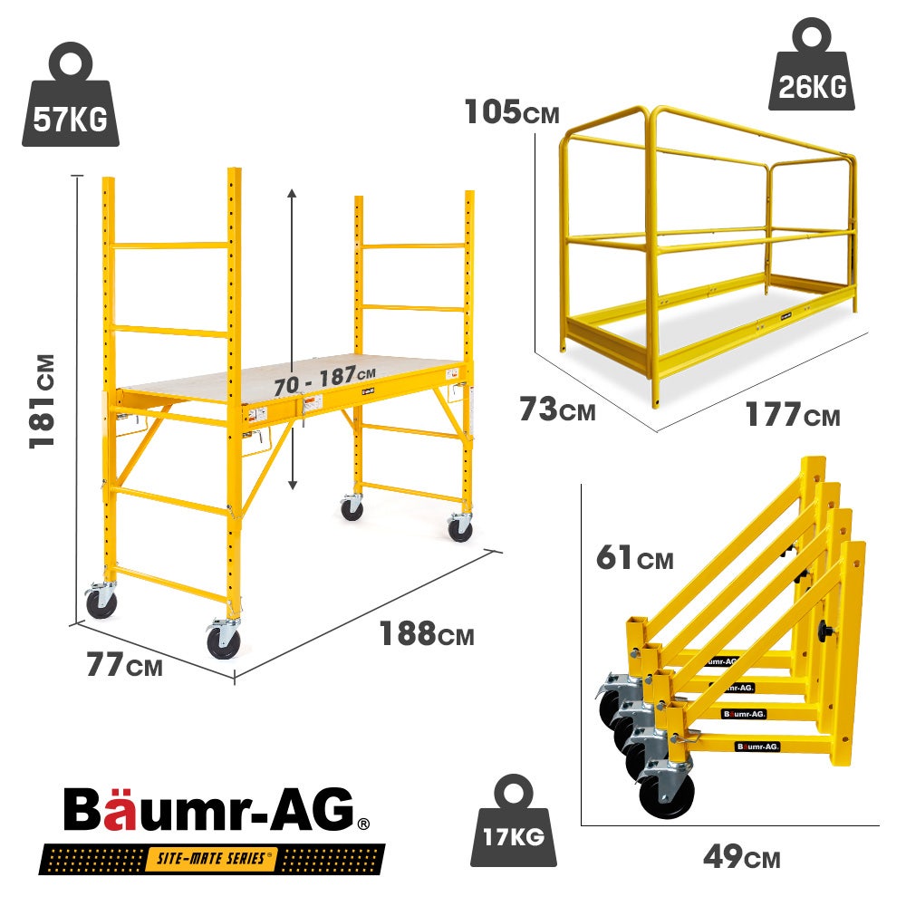 Baumr-AG 1.9 x 0.8 x 1.8m Adjustable Mobile Scaffold Platform, Guard Rail, Outrigger Wheel Set, Trapdoor Hatch