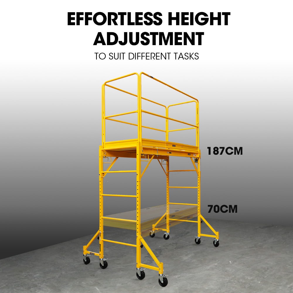 Baumr-AG 1.9 x 0.8 x 1.8m Adjustable Mobile Scaffold Platform, Guard Rail, Outrigger Wheel Set, Trapdoor Hatch