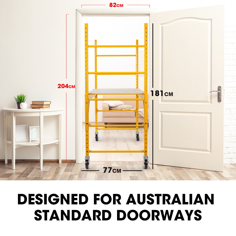 Baumr-AG 1.9 x 0.8 x 1.8m Adjustable Mobile Scaffold Platform, Guard Rail, Outrigger Wheel Set, Trapdoor Hatch