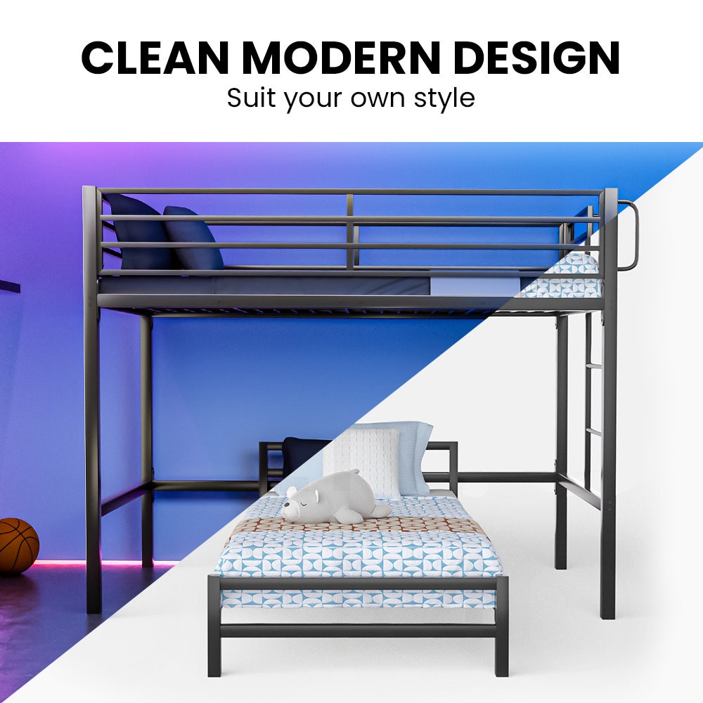 KINGSTON SLUMBER Single Loft Bed And Single Underbed, Multifunctional, Space Saving with Fixed Ladder, Matte Dark Grey