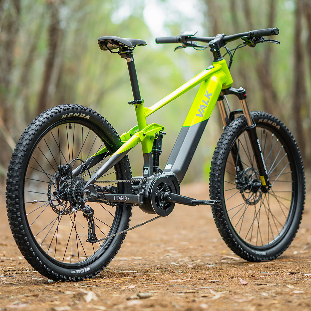 VALK Titan 9+ Electric Dual Suspension Mid Drive Mountain eMTB Bike, Medium Frame, Black/Lime