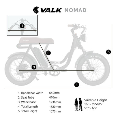 VALK Nomad Electric Fat Tyre Bike, 350W, 32km/hr, Throttle ebike, Disc Brakes, Step-Through Alloy, Shimano 7 spd, 20x4" Kenda Tyres, Suspension, Black