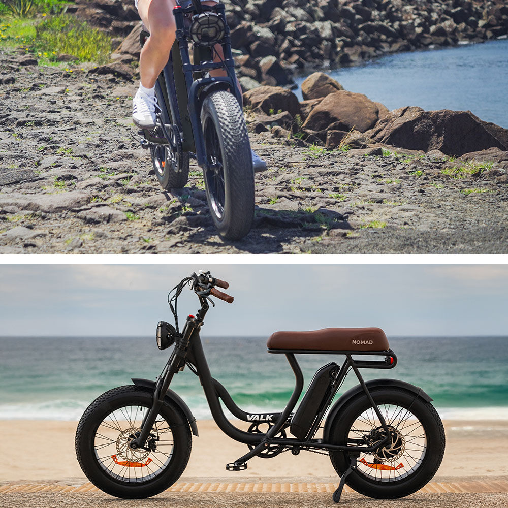 VALK Nomad Electric Fat Tyre Bike, 350W, 32km/hr, Throttle ebike, Disc Brakes, Step-Through Alloy, Shimano 7 spd, 20x4" Kenda Tyres, Suspension, Black