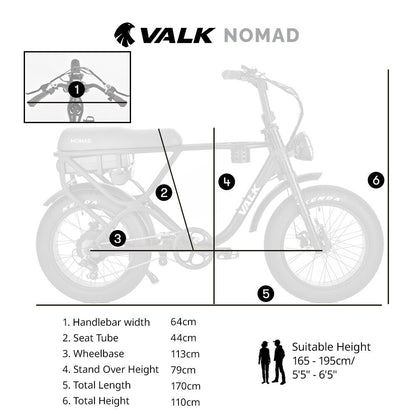 VALK Nomad Electric Fat Tyre Bike, 500W, 45km/hr, Throttle ebike, Disc Brakes, Shimano 7 spd, 20x4" Kenda Tyres, Suspension, Black