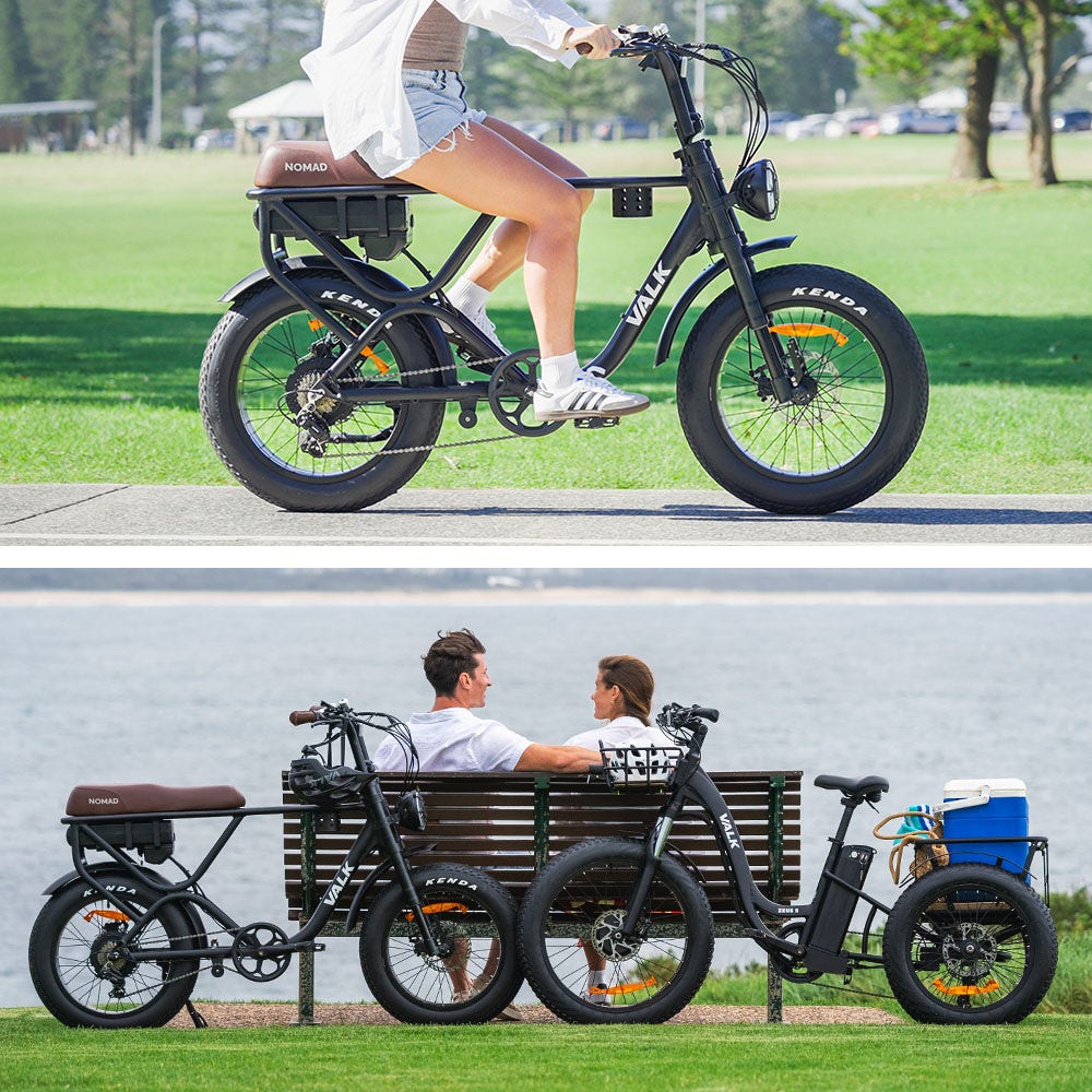 VALK Nomad Electric Fat Tyre Bike, 500W, 45km/hr, Throttle ebike, 20x4" Kenda Tyres, Shimano 7 spd, Suspension, Black