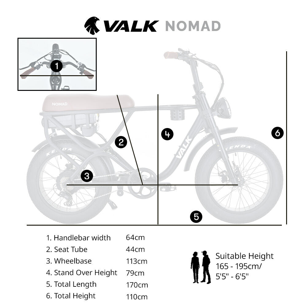 VALK Nomad Electric Fat Tyre Bike, 500W, 45km/hr, Throttle ebike, 20x4" Kenda Tyres, Shimano 7 spd, Suspension, Black