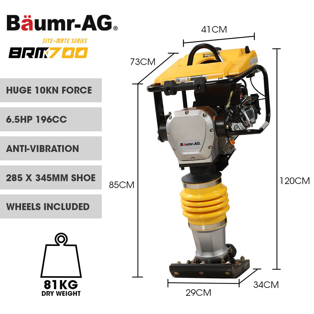 BAUMR-AG 77KG 285 x 345mm Tamping Rammer, 10kN 6.5hp, w/ Transport Wheel Kit, Compactor for Soil Sand Gravel Asphalt - BRM-700