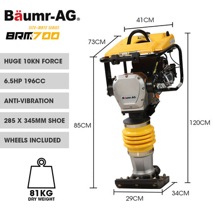 BAUMR-AG 77KG 285 x 345mm Tamping Rammer, 10kN 6.5hp, w/ Transport Wheel Kit, Compactor for Soil Sand Gravel Asphalt - BRM-700