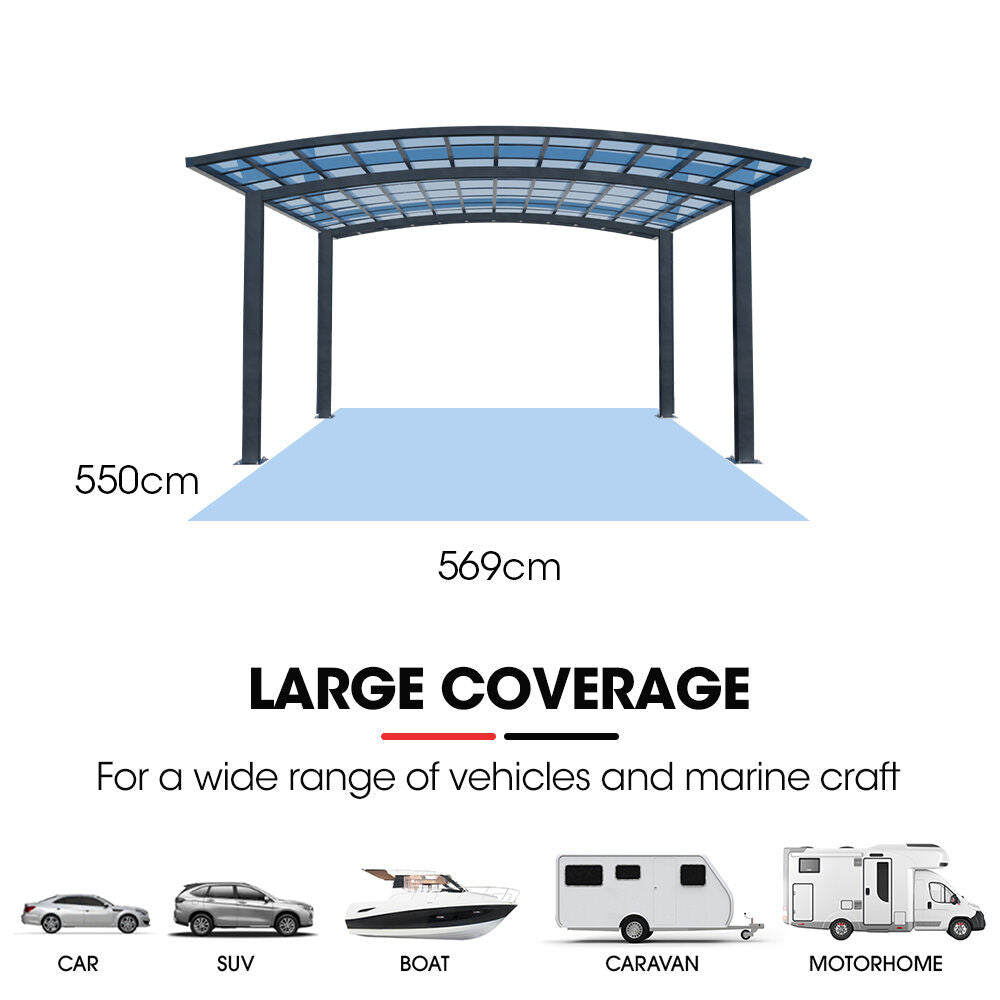 SHADE SHIELD Arched Double Carport 6.0m x 5.5m x 3.4m, Aluminium Alloy Frame, Polycarbonate Roof, Shelter for Car or Outdoor Living