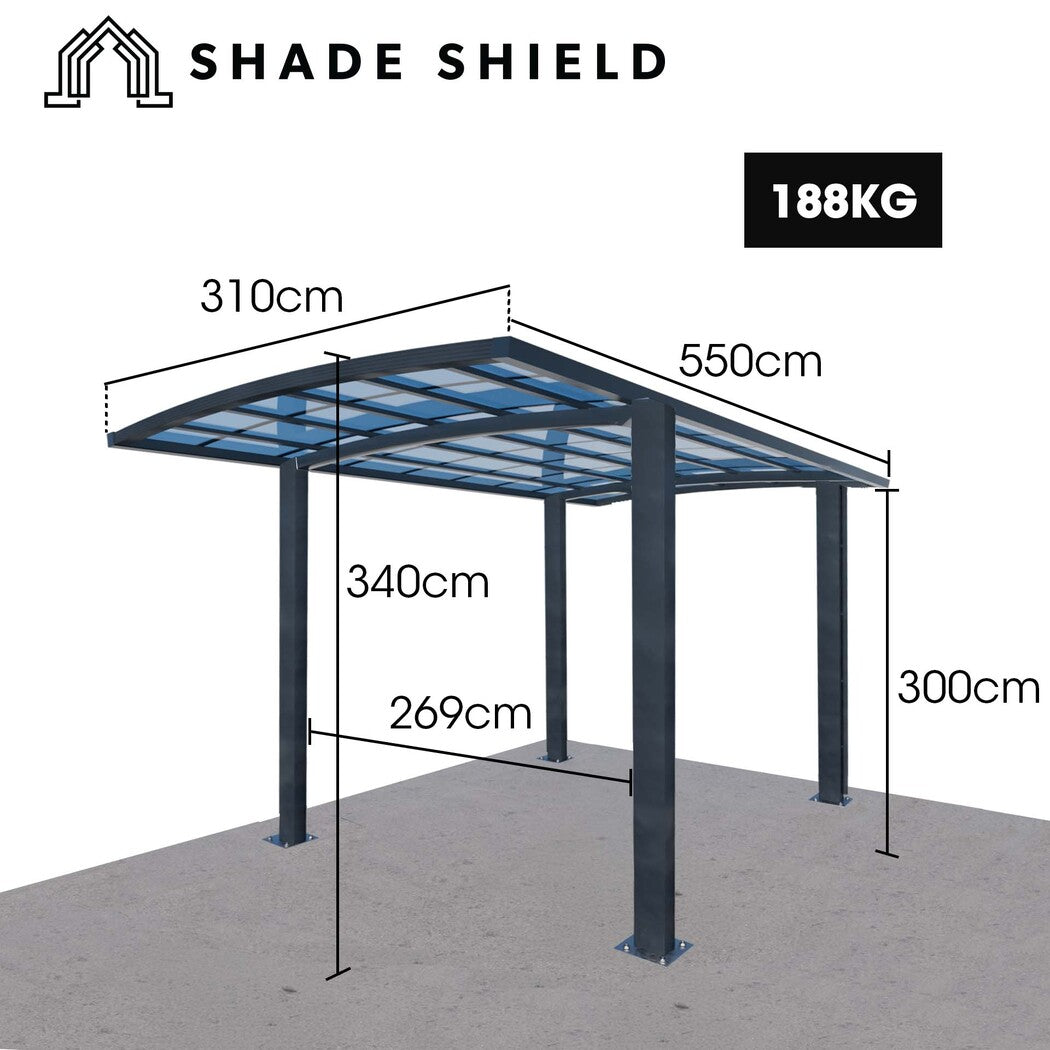 SHADE SHIELD Arched Single Carport 3.0m x 5.5m x 3.4m, Aluminium Alloy Frame, Polycarbonate Roof, Shelter for Car or Outdoor Living