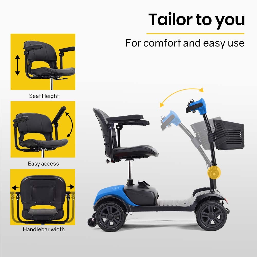 Scooter eléctrico de movilidad EQUIPMED plegable portátil para adultos mayores, SmartRider negro y azul