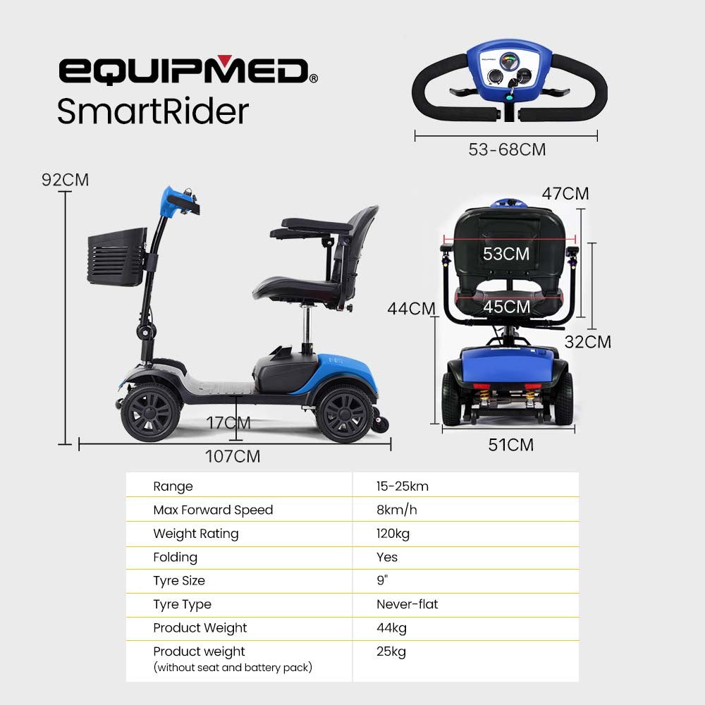 Scooter eléctrico de movilidad EQUIPMED plegable portátil para adultos mayores, SmartRider negro y azul