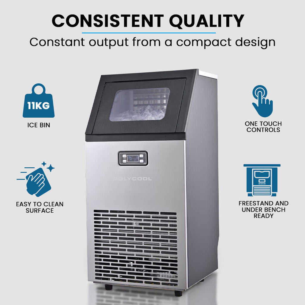 POLYCOOL Commercial Ice Maker Machine, up to 60kg/24hr, Timer & Self Cleaning Programs