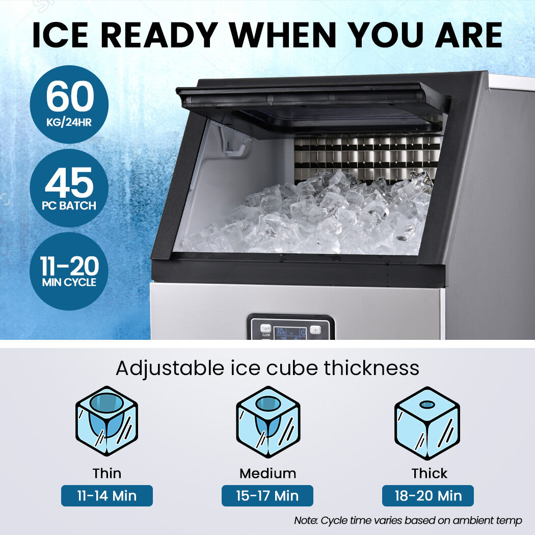 POLYCOOL Commercial Ice Maker Machine, up to 60kg/24hr, Timer & Self Cleaning Programs